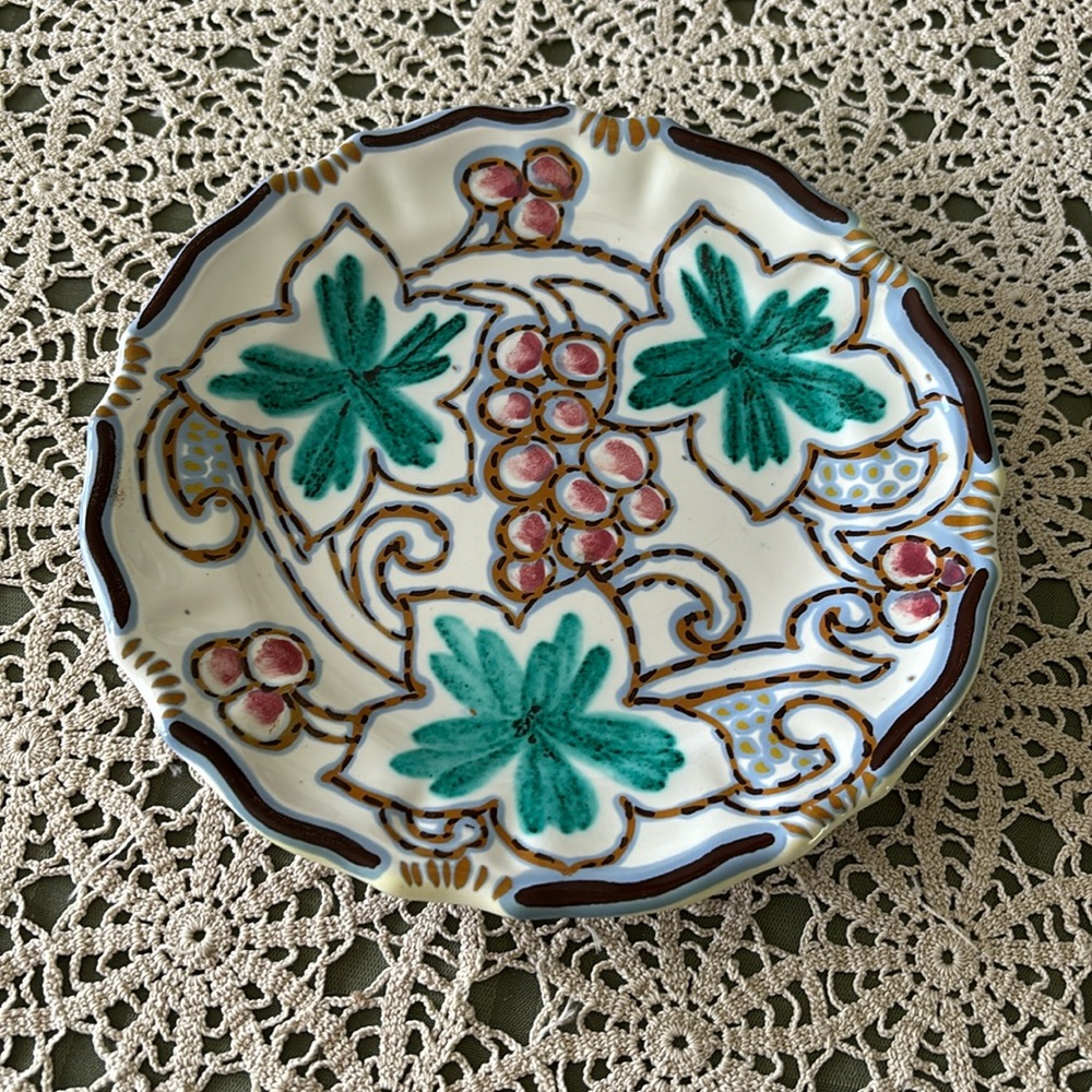 Majolica signed grape ceramic pottery plate. Hand painted. Signed & #